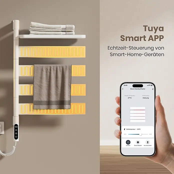 Emke Elektro-Badheizkörper Flatrad PFR -  - Weißer beheizbarer Handtuchhalter mit leuchtenden Elementen, braunem Handtuch und Smartphone-App zur Steuerung der 55°C.