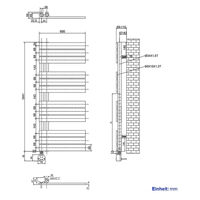 Emke Elektro-Badheizkörper Flatrad ESFTR -  - Technisches Maßbild eines wandmontierten Handtuchwärmers mit horizontalen Stäben, Maßen und Montagedetails.