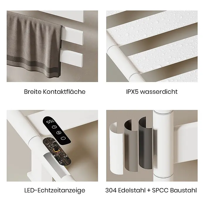 Emke Elektro-Badheizkörper Flatrad PFR -  - Weißer elektrischer Handtuchwärmer mit breiten Heizstäben, IPX5 wasserdicht und LED-Anzeige, aus 304 Edelstahl.