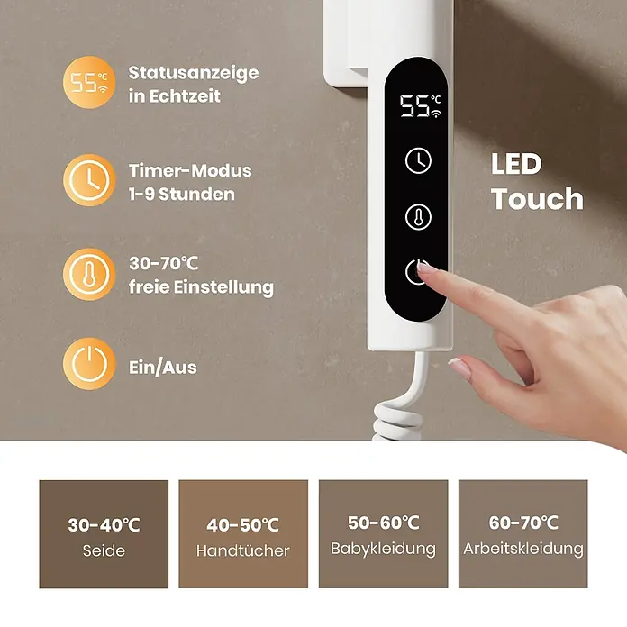 Emke Elektro-Badheizkörper Flatrad PFR -  - Weißer elektrischer Handtuchwärmer mit schwarzem LED-Touch-Display, zeigt 55°C, Timer und einstellbare Temp. (30-70°C). Eine Hand drückt den Einschaltknopf.