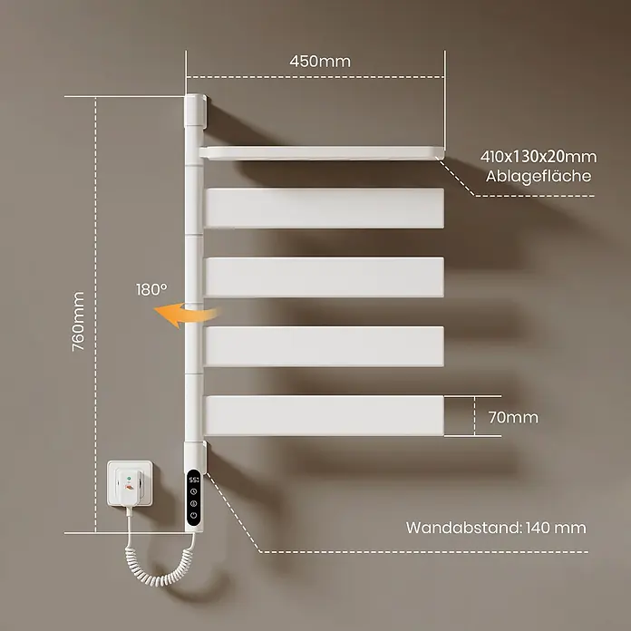 Emke Elektro-Badheizkörper Flatrad PFR -  - Weißer, 760x450mm großer, beheizter Handtuchhalter mit 180° schwenkbaren Stangen, Ablagefläche und 140mm Wandabstand.