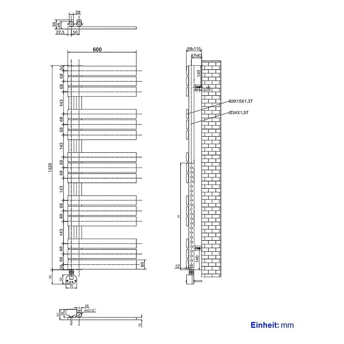 Emke Elektro-Badheizkörper Flatrad ESFTR -  - Technische Zeichnung eines wandmontierten Heizkörpers mit horizontalen Stangen, detaillierte Abmessungen und Installationsspezifikationen zeigend.