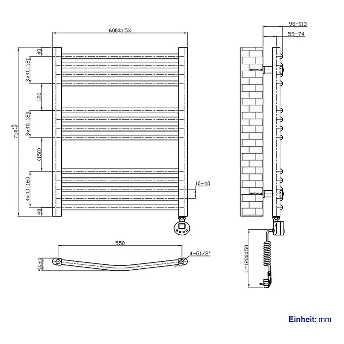 Emke Elektro-Badheizkörper ArcWarm PCTR -  - Technische Zeichnung eines elektrischen Handtuchwärmers, 750mm hoch und 600mm breit, mit horizontalen Stangen und Wandmontagedetails.