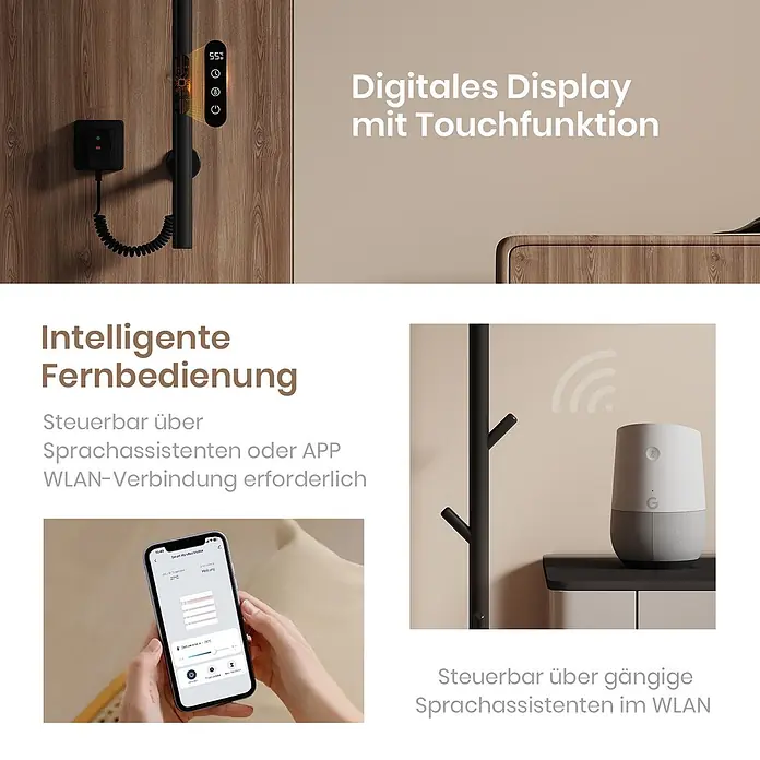 Emke Elektro-Badheizkörper Orbrad PHR -  - Schwarzer Handtuchwärmer mit digitalem Touch-Display und smarter Steuerung per App oder Sprachassistenten, WLAN-Verbindung nötig.