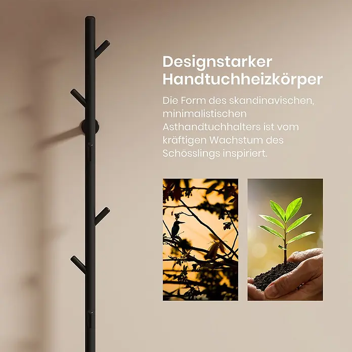 Emke Elektro-Badheizkörper Orbrad PHR -  - Schwarzer, minimalistischer Ast-Handtuchheizkörper an einer hellbraunen Wand.