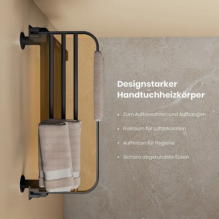 Emke Elektro-Badheizkörper Flatrad PTRX4 -  - Schwarzer, wandmontierter Handtuchheizkörper in modernem Design, hält helle Handtücher in einem Badezimmer.