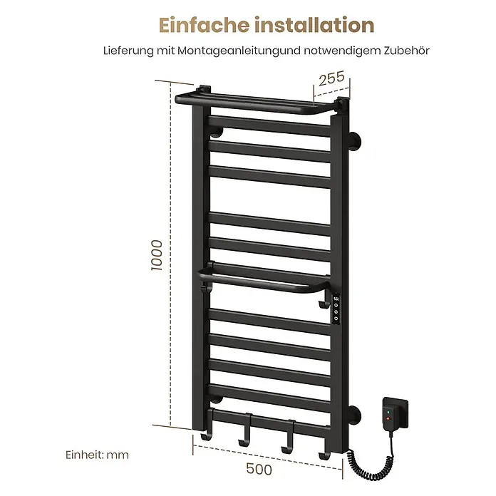 Emke Elektro-Badheizkörper Flatrad PTRX4 -  - Schwarzer elektrischer Handtuchwärmer mit Heizstäben, oberer Ablage und Haken. Maße: 1000x500x255mm.