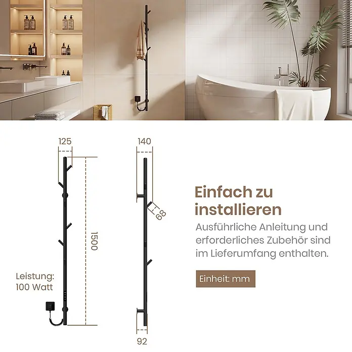 Emke Elektro-Badheizkörper Orbrad PHR -  - Schwarzer, wandmontierter, elektrischer Handtuchwärmer mit astförmigen Haken, 1500mm hoch, 100W, im modernen Bad.