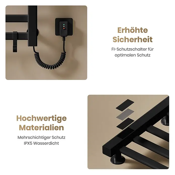 Emke Elektro-Badheizkörper Flatrad PTRX4 -  - Schwarzer elektrischer Handtuchwärmer mit FI-Schutzschalter für erhöhte Sicherheit und IPX5 wasserdichtem, mehrschichtigem Materialschutz.