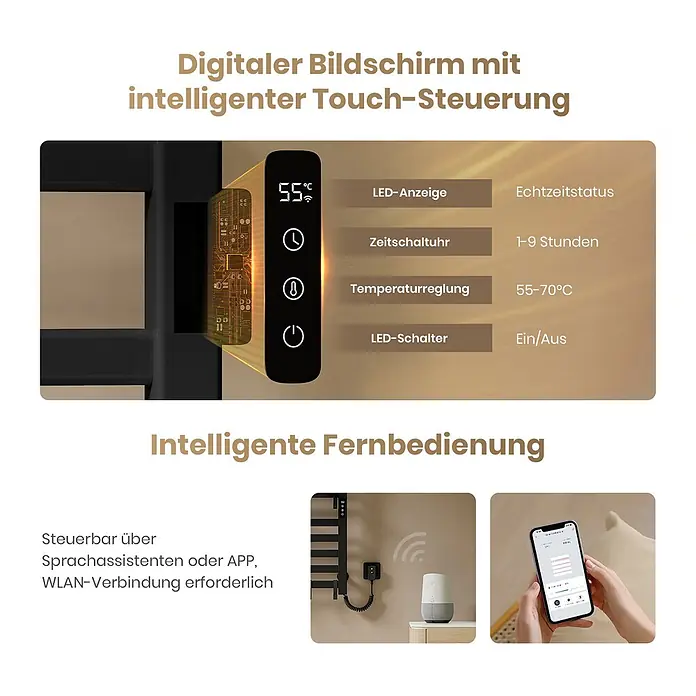 Emke Elektro-Badheizkörper Flatrad PTRX4 -  - Schwarzer Handtuchwärmer mit digitaler Touch-Anzeige für Temperatur und Timer, smart steuerbar per App oder Sprachassistent.
