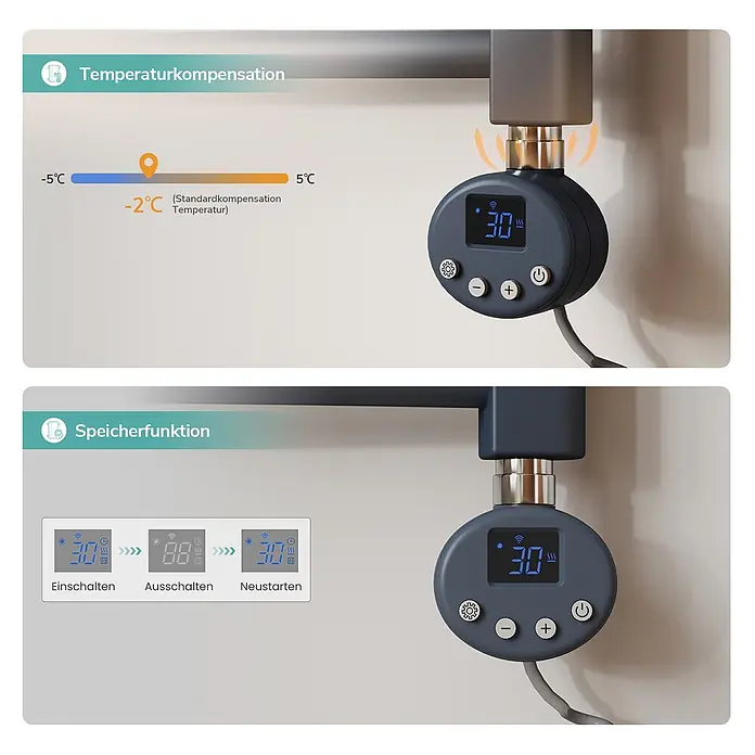 Emke Elektro-Badheizkörper ArcWarm PCTR -  - Dunkelgrauer digitaler Heizkörperthermostat mit Display und Tasten, an einem Heizrohr montiert.