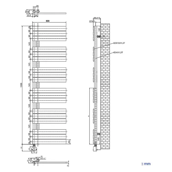 Emke Elektro-Badheizkörper Flatrad ESFTR - B x H: 60 x 160 cm - Technische Zeichnung eines hohen, leiterförmigen Handtuchwärmers mit Maßen.