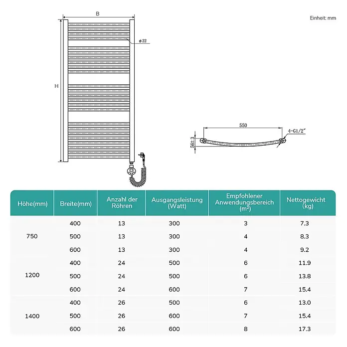Emke Elektro-Badheizkörper ArcWarm PCTR -  - Elektrischer Handtuchheizkörper aus Metall mit horizontalen Stangen, gezeigt mit Maßzeichnungen und einer Spezifikationstabelle.