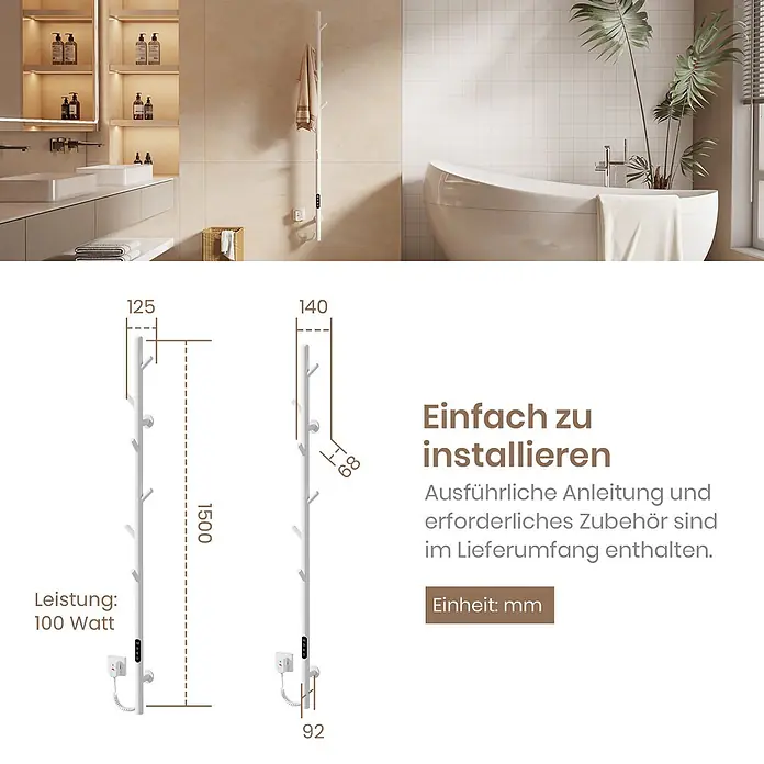 Emke Elektro-Badheizkörper Orbrad PHR -  - Weißer elektrischer Handtuchwärmer im Baumzweig-Design an der Wand im Bad, mit Diagramm der 1500mm Höhe und 100W Leistung.