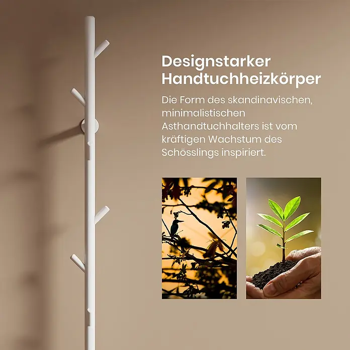 Emke Elektro-Badheizkörper Orbrad PHR -  - Weißer, astförmiger Handtuchheizkörper/Handtuchhalter an der Wand.