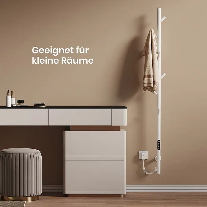 Emke Elektro-Badheizkörper Orbrad PHR -  - Weißer beheizbarer Handtuchhalter mit Digitalanzeige, auch als Garderobe nutzbar, ideal für kleine Räume.