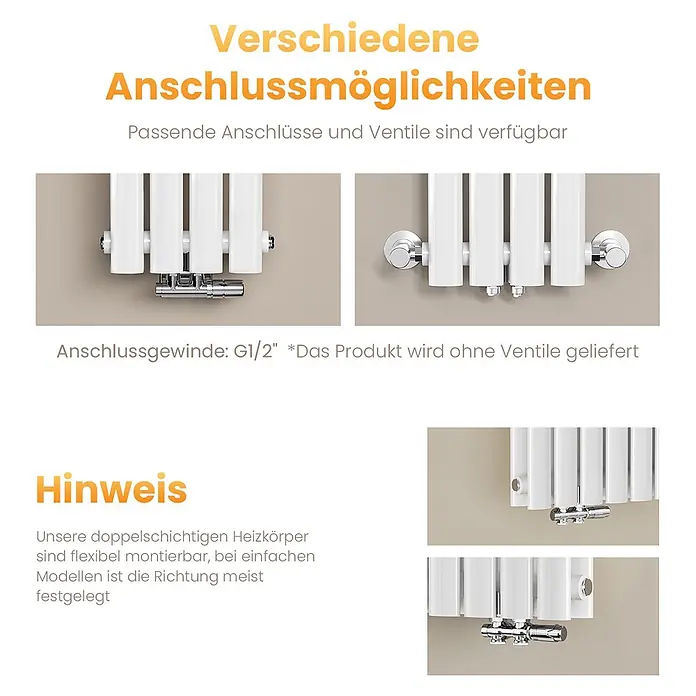 Emke Designheizkörper OR - Weiß - Weißer Heizkörper mit verschiedenen Anschlussmöglichkeiten und Ventilarten.