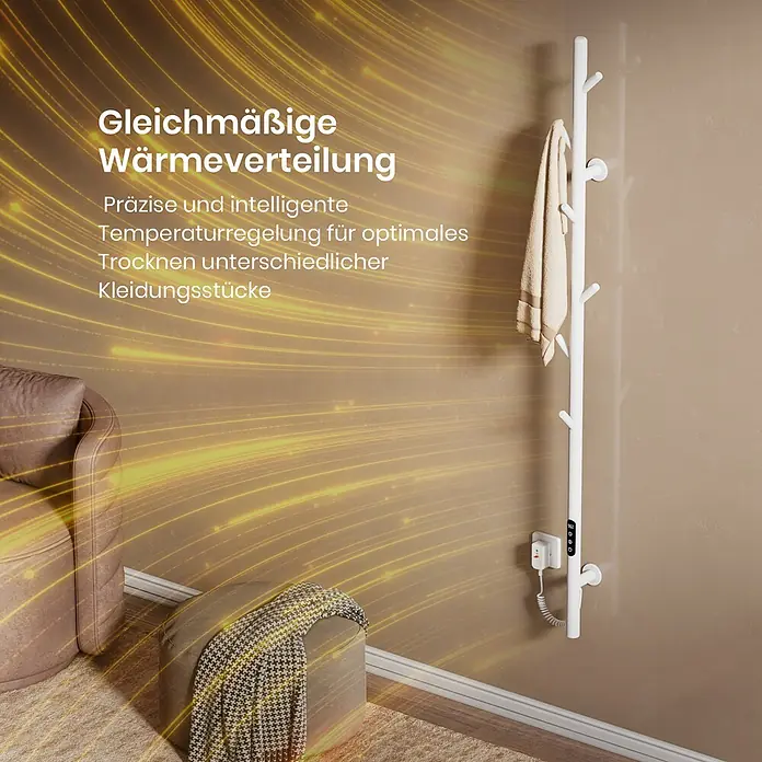 Emke Elektro-Badheizkörper Orbrad PHR -  - Modernes, weißes, baumförmiges elektrisches Wäschegestell mit intelligenter Temperaturregelung für optimales Trocknen in einem Wohnraum.
