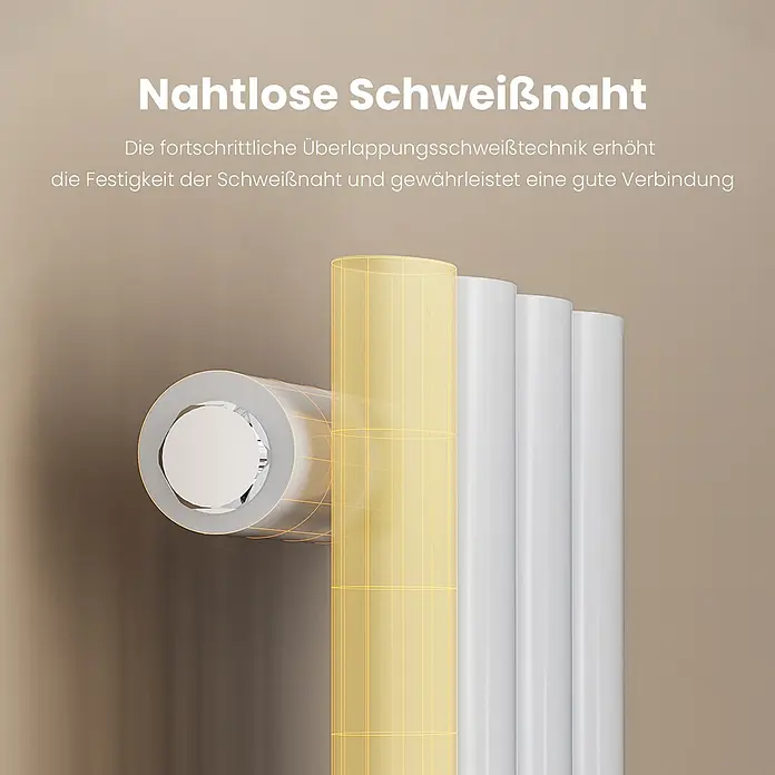Emke Designheizkörper OR - Weiß - Weiße zylindrische Heizkörperrohre mit gelb hervorgehobenem Abschnitt zur Demonstration einer fortschrittlichen Überlappungsschweißtechnik.