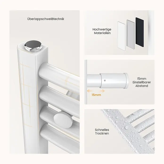 Emke Elektro-Badheizkörper ArcWarm PCTR -  - Weißer beheizter Handtuchhalter mit 15mm verstellbarer Halterung, hochwertigen Materialien und schneller Trocknung.