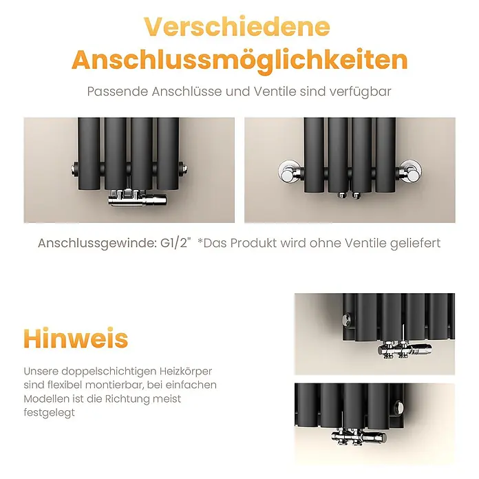 Emke Designheizkörper OR - B x H: 24 x 180 cm, Anthrazit - Schwarzer Vertikalheizkörper mit verschiedenen Chrom-Anschlussmöglichkeiten, zeigt flexible Montagemöglichkeiten.