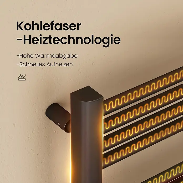 Emke Elektro-Badheizkörper Orbrad PTRC4 -  - Dunkler Kohlefaser-Handtuchwärmer mit glühenden Heizelementen, an der Wand montiert, für schnelle und hohe Wärmeabgabe.