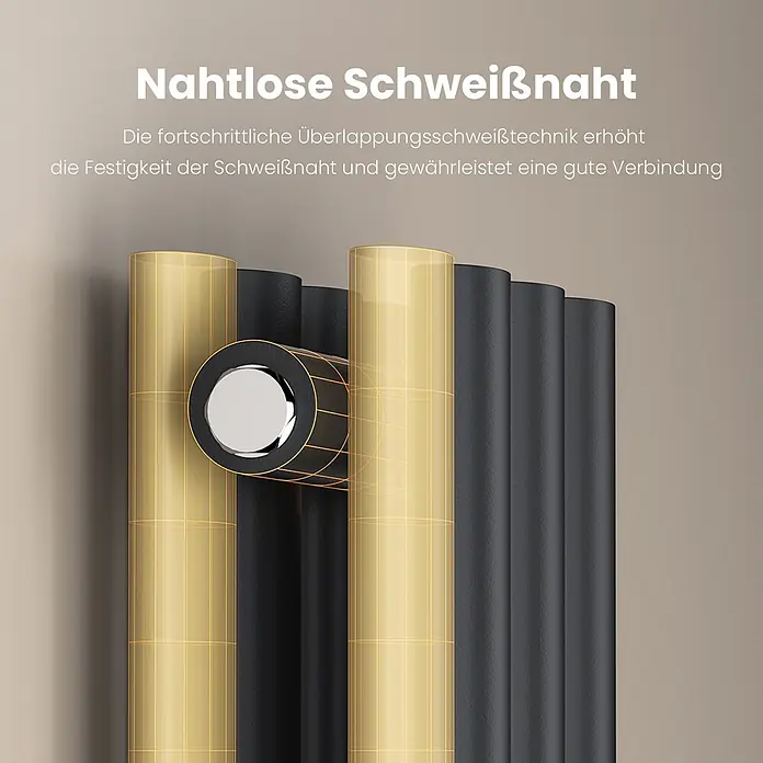 Emke Designheizkörper OR - B x H: 24 x 180 cm, Anthrazit - Schwarze Heizkörperrohre mit goldenen Überlagerungen und Schnittansicht einer nahtlosen Schweißnaht für starke Verbindungen.