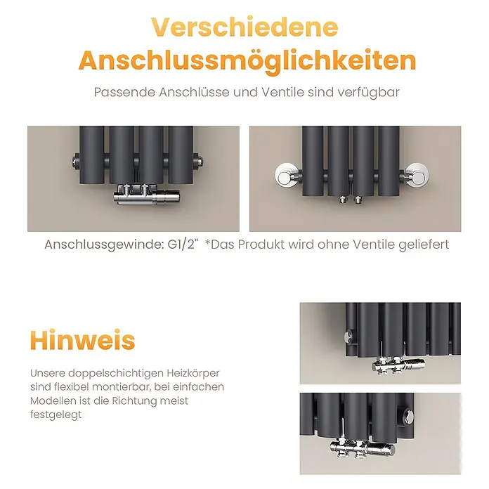Emke Designheizkörper OR - Anthrazit - Dunkelgrauer Heizkörper zeigt verschiedene Anschlussmöglichkeiten mit Chromventilen.