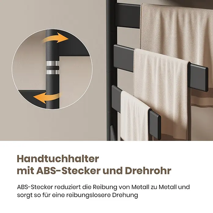 Emke Elektro-Badheizkörper Flatrad PFR -  - Schwarzer Handtuchhalter mit ABS-Stecker und Drehrohr für reibungsarme Armdrehung.