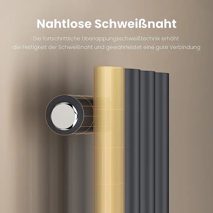Emke Designheizkörper OR - Anthrazit - Querschnitt eines Heizkörperrohrs mit nahtloser, goldener Überlappungsschweißnaht für Festigkeit und gute Verbindung.