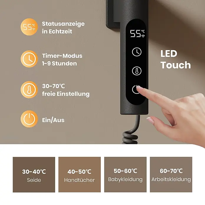 Emke Elektro-Badheizkörper Flatrad PFR -  - Schwarzes LED-Touchpanel, wandmontiert, zeigt Temperatur (55°C), Timer und Ein/Aus. Mit 30-70°C Einstellung und Trocknungsempfehlungen.