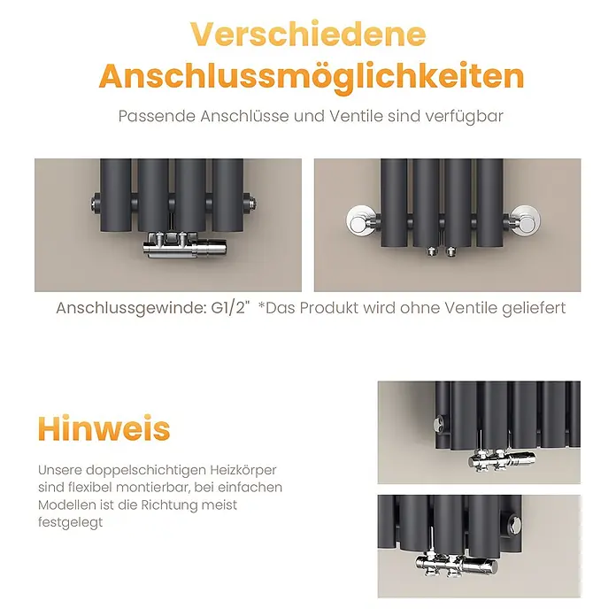 Emke Designheizkörper OR - Anthrazit - Anthrazitfarbener Heizkörper mit flexiblen Anschlussmöglichkeiten für die Installation.