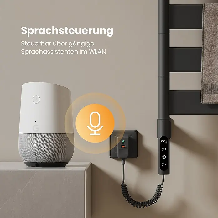 Emke Elektro-Badheizkörper Flatrad PFR -  - Dunkelgrauer smarter Handtuchwärmer mit Digitalanzeige (55°C), via Smart Plug verbunden, neben Google Home für Sprachsteuerung.