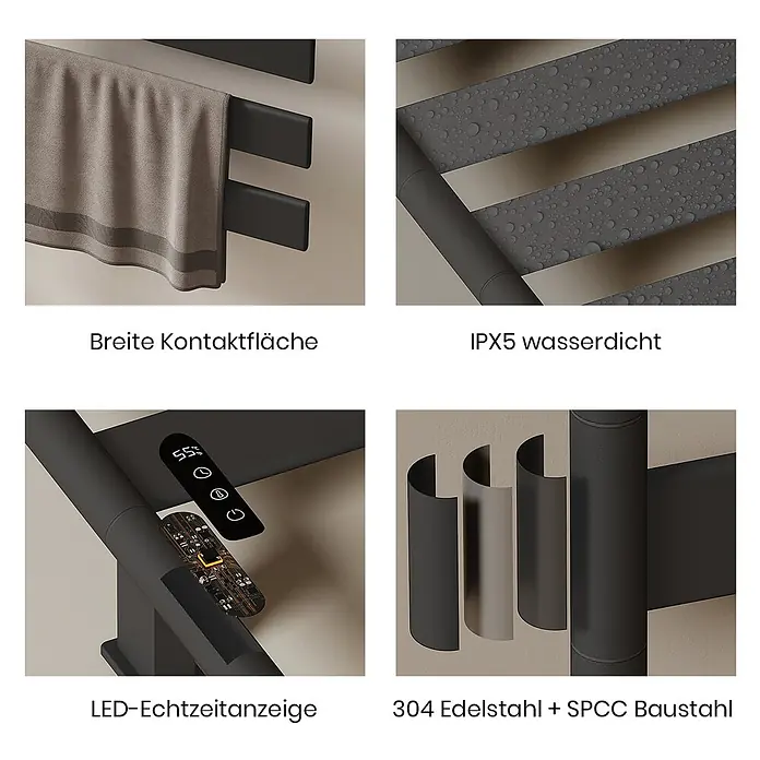 Emke Elektro-Badheizkörper Flatrad PFR -  - Dunkelgrauer Handtuchwärmer mit digitaler LED-Anzeige, IPX5 Wasserdichtigkeit und robuster Edelstahlkonstruktion.