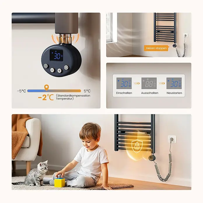 Emke Elektro-Badheizkörper ArcWarm PCTR -  - Dunkelgrauer Heizkörper mit Smart-Thermostat, zeigt Temperaturregelung, Heizung und Kindersicherung im Wohnambiente.
