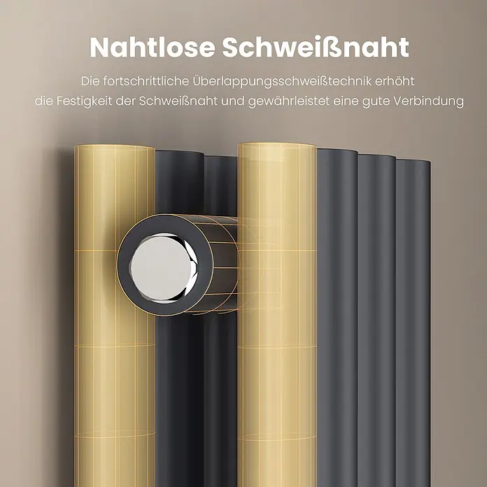 Emke Designheizkörper OR - Anthrazit - Nahaufnahme goldener und dunkelgrauer Heizkörperrohre mit Schnittbild, das eine nahtlose Schweißnaht und eine robuste Verbindung zeigt.