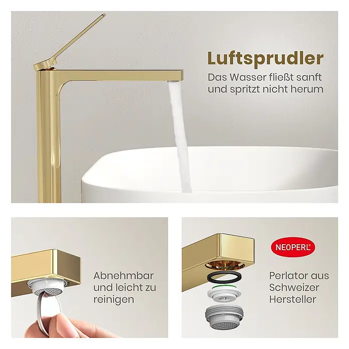 Emke Waschtischarmatur Arcspout XF21 - Gold, Glänzend - Goldener Wasserhahn mit NEOPERL Perlator, sanfter Wasserfluss und abnehmbar zur Reinigung.