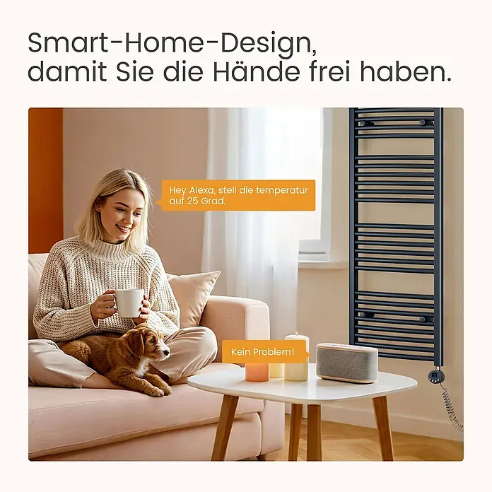 Emke Elektro-Badheizkörper ArcWarm PCTR -  - Schwarzer elektrischer Handtuchwärmer mit digitaler Steuerung, in ein Smart-Home-System integriert und sprachgesteuert für Komfort.