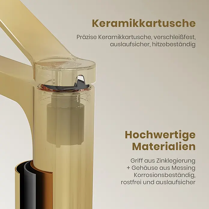 Emke Waschtischarmatur Arcspout XF21 - Gold, Glänzend - Goldfarbene Armatur mit Keramikkartusche und Messinggehäuse, verschleiß- und korrosionsbeständig, auslaufsicher.
