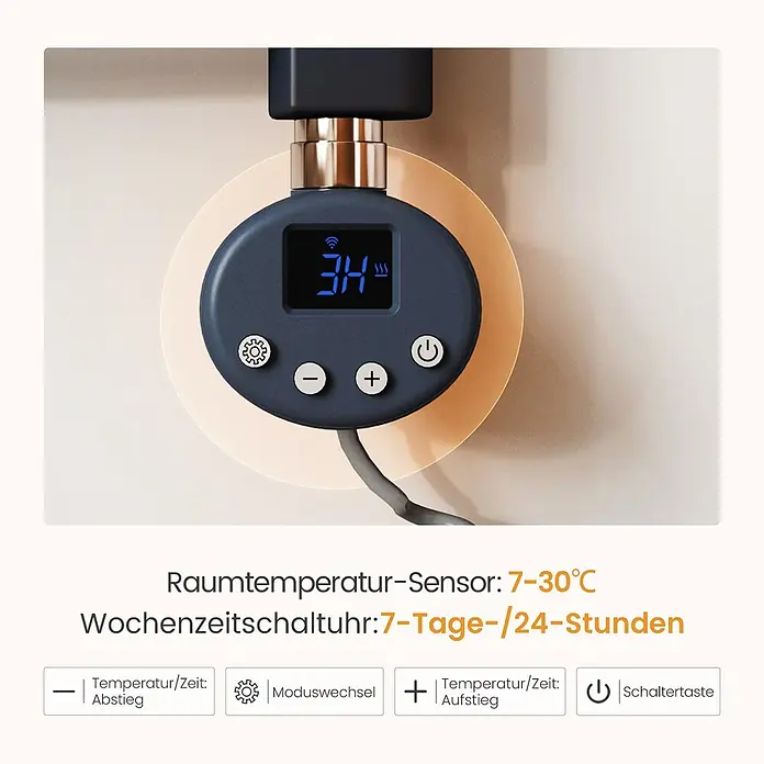 Emke Elektro-Badheizkörper ArcWarm PCTR -  - Dunkelblaues Smart-Thermostat mit Digitalanzeige '34', WLAN- und Heizsymbolen sowie vier Bedientasten.