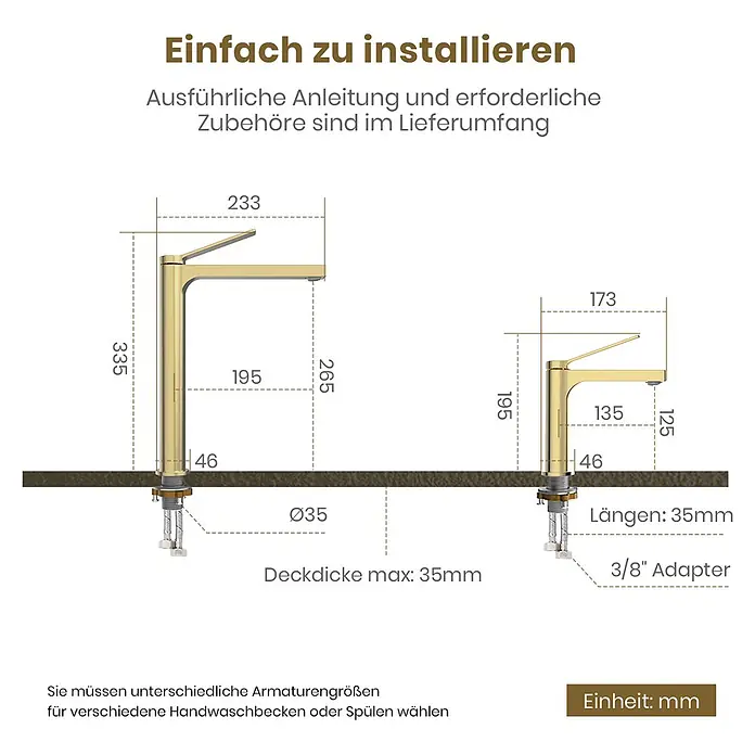Emke Waschtischarmatur Arcspout XF21 - Gold, Glänzend - Zwei goldene Waschtischarmaturen mit detaillierten Maßen und Installationsspezifikationen, inkl. Deckendicke und Adapter.