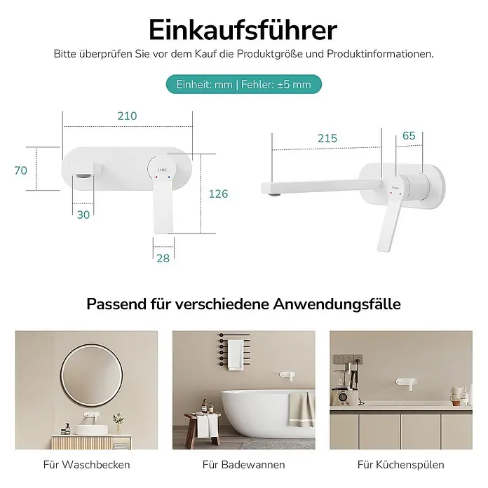 Emke Waschtischarmatur Arcspout XF22 - Weiß, Matt - Weißer Wandarmatur mit Einhebelmischer und Maßen. Geeignet für Waschbecken, Badewannen und Küchenspülen.