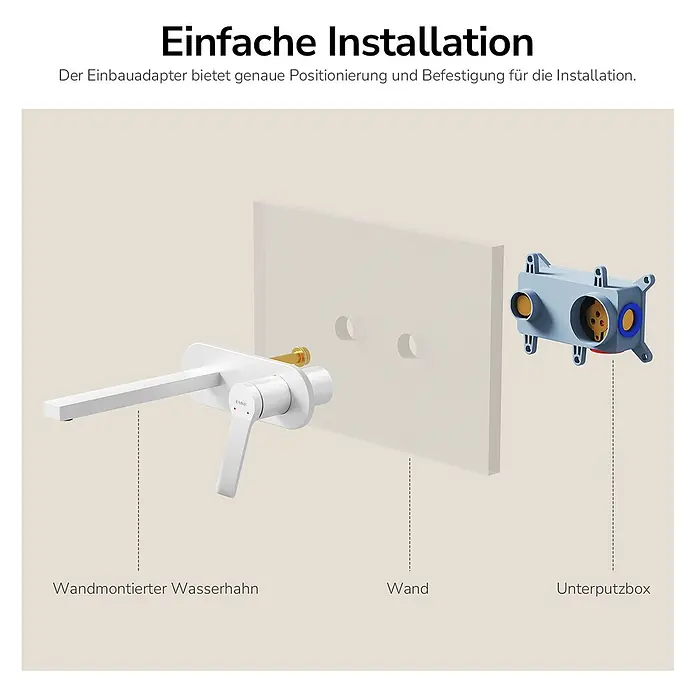 Emke Waschtischarmatur Arcspout XF22 - Weiß, Matt - Wandmontierter Wasserhahn mit Wand und Unterputzbox bei der Installation.