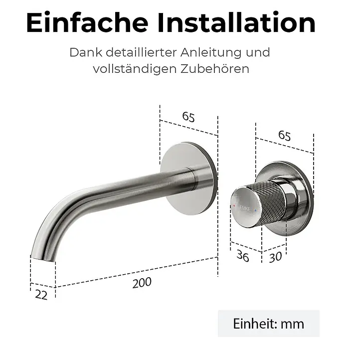 Emke Waschtischarmatur Griprill XF22 - Grau, Glänzend - Wandmontierter Wasserhahn-Auslauf und separater Bedienknebel aus gebürstetem Metall.