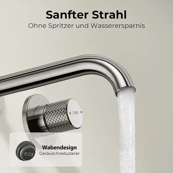 Emke Waschtischarmatur Griprill XF22 - Grau, Glänzend - Gebürsteter Chrom-Wasserhahn mit Wasserstrahl und Waben-Luftsprudler für spritzfreien, wassersparenden Betrieb.