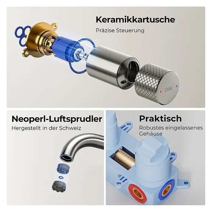 Emke Waschtischarmatur Griprill XF22 - Grau, Glänzend - Schnittbilder von Armatur-Komponenten: Keramikkartusche, Neoperl-Luftsprudler und robustes Einbaugehäuse.