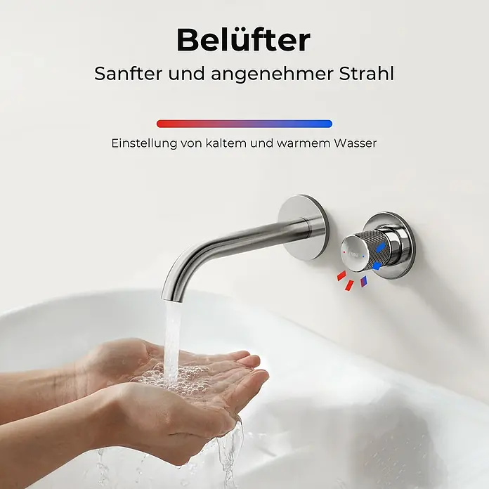 Emke Waschtischarmatur Griprill XF22 - Grau, Glänzend - Wandmontierter Wasserhahn aus gebürstetem Metall, der belüftetes Wasser in Hände abgibt, mit Temperaturregler.