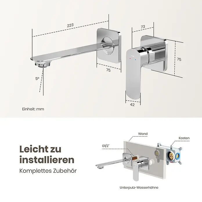 Emke Waschtischarmatur Slimtrim XF28 - Chrom, Glänzend - Verchromte Unterputz-Armatur mit separatem Auslauf und Mischerhebel, Maße und Installationsdiagramm.