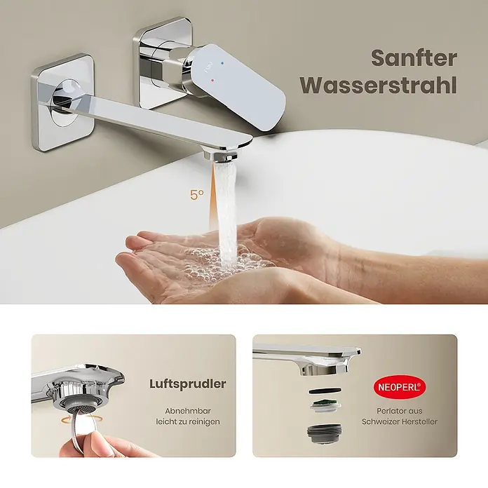 Emke Waschtischarmatur Slimtrim XF28 - Chrom, Glänzend - Verchromte Wandarmatur mit 5° sanftem Wasserstrahl. Verfügt über einen abnehmbaren, leicht zu reinigenden NEOPERL® Luftsprudler.