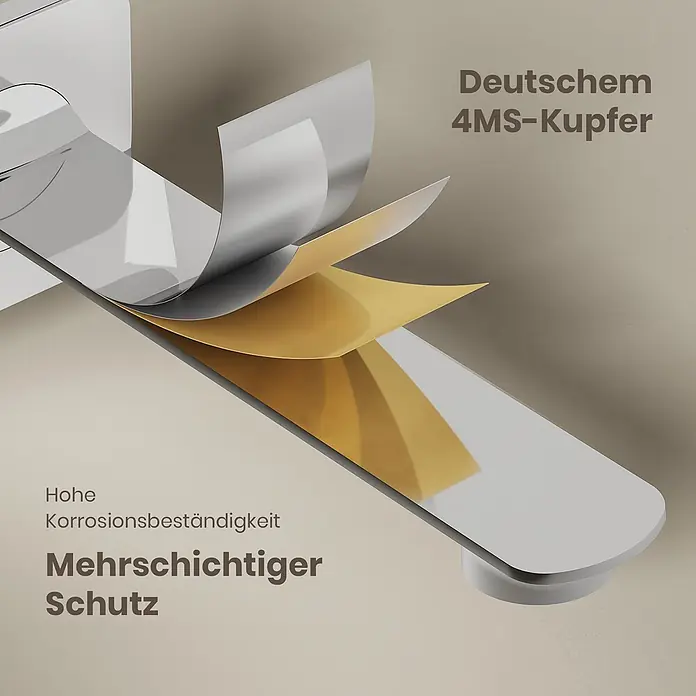 Emke Waschtischarmatur Slimtrim XF28 - Chrom, Glänzend - Detail eines Metallbauteils mit silberner Außen- und gold-kupferner Innenbeschichtung, betont 4MS-Kupfer und hohe Korrosionsbeständigkeit.
